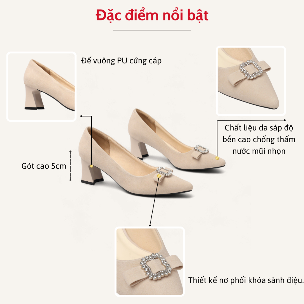 Giày Cao Gót 5cm Da Sáp Gót Vuông Phối Nơ Khóa H405