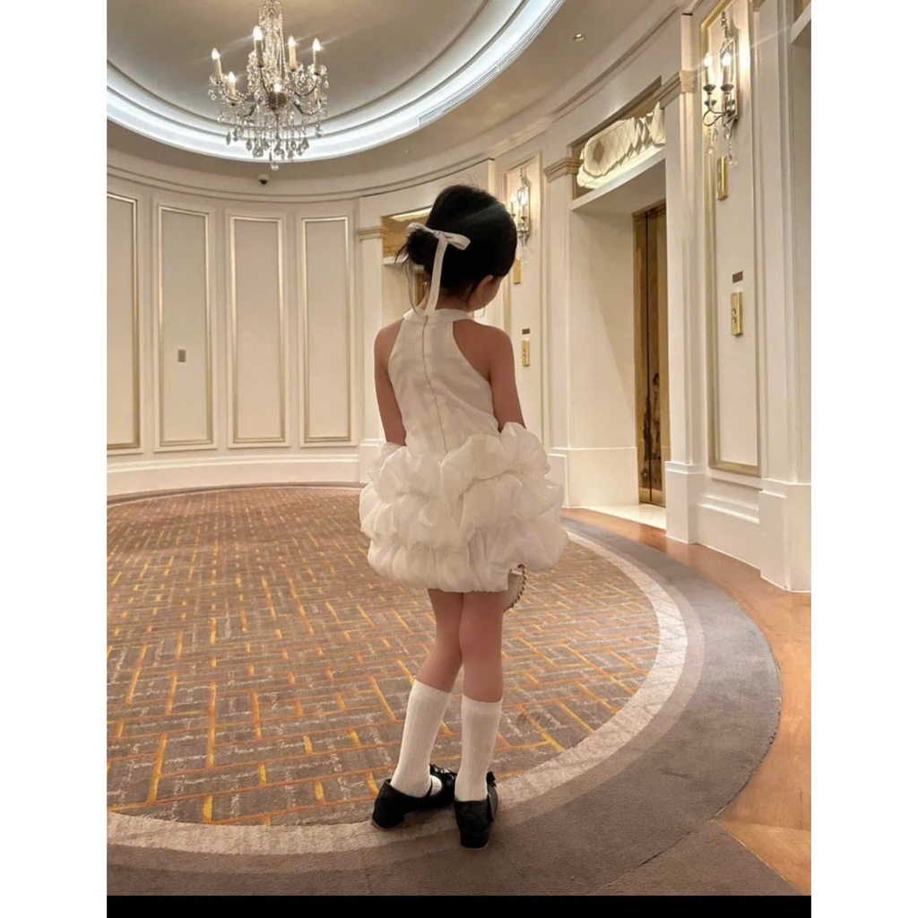 Đầm Bé Gái Công Chúa Dự Tiệc ĐẦM  Voan Trắng Bồng Bềnh Đính Nơ Cổ Yếm CHO MẸ VÀ BÉ GÁI , ĐẦM ĐÔI MẸ BÉ