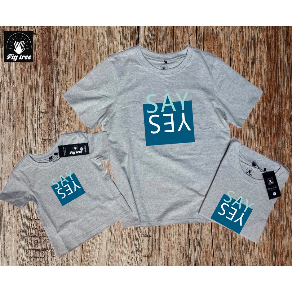 Combo Áo Thun Gia Đình Fig Tree Màu Xám, Set Áo Gia Đình Cotton Cổ Tròn in Hình SAY YES Yêu Thương