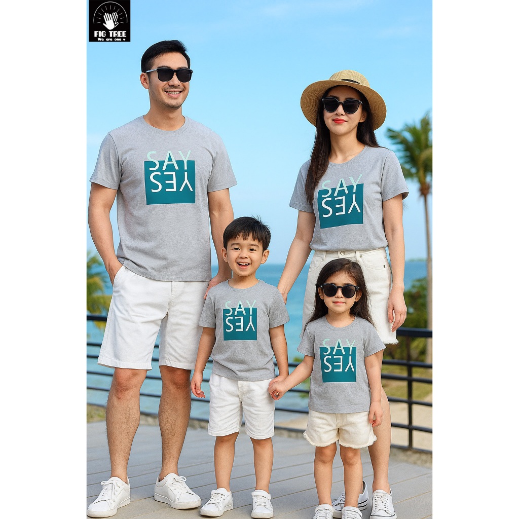 Combo Áo Thun Gia Đình Fig Tree Màu Xám, Set Áo Gia Đình Cotton Cổ Tròn in Hình SAY YES Yêu Thương