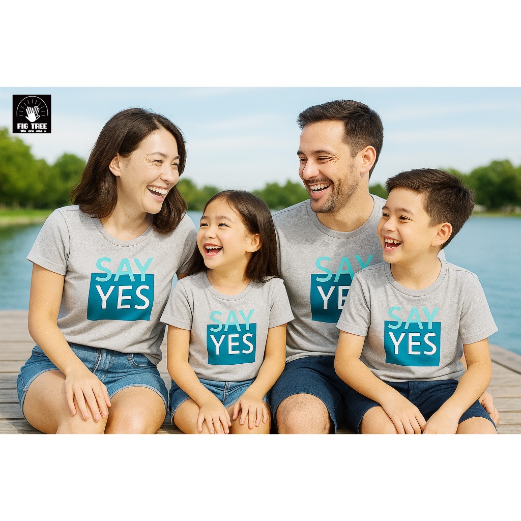 Combo Áo Thun Gia Đình Fig Tree Màu Xám, Set Áo Gia Đình Cotton Cổ Tròn in Hình SAY YES Yêu Thương