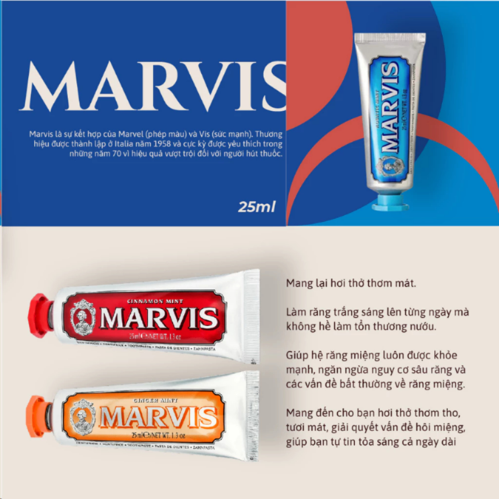 Kem Đánh Răng Marvis Mini - Đủ 8 Hương Vị, Sạch Răng Thơm Miệng Trắng Răng, Nhỏ Gọn Cho Du Lịch 10ML/25ML (Tuýt No Box)
