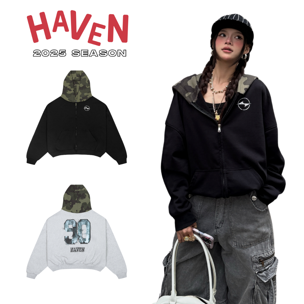Áo hoodie form rộng in số 90 phối nón camo rằn ri Haven Studio chất nỉ cua dày dặn màu đen và xám