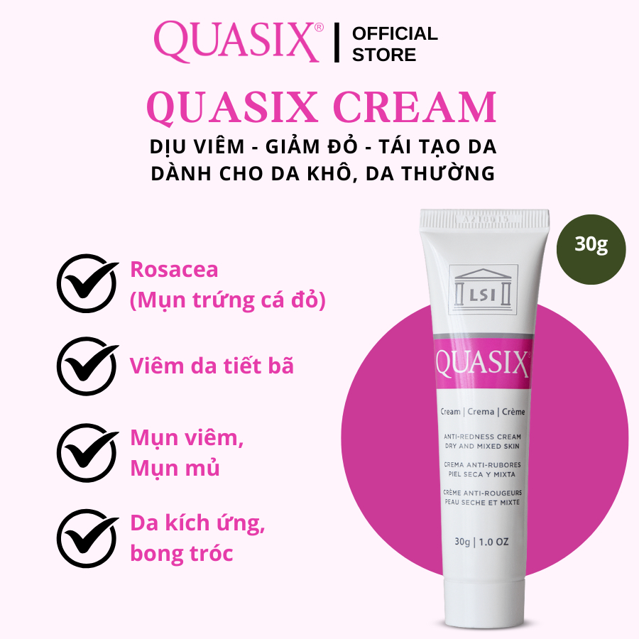 CREAM / GEL QUASIX Kem bôi giảm mụn trứng cá đỏ, mụn kích ứng, mụn viêm, viêm da tiết bã 30g