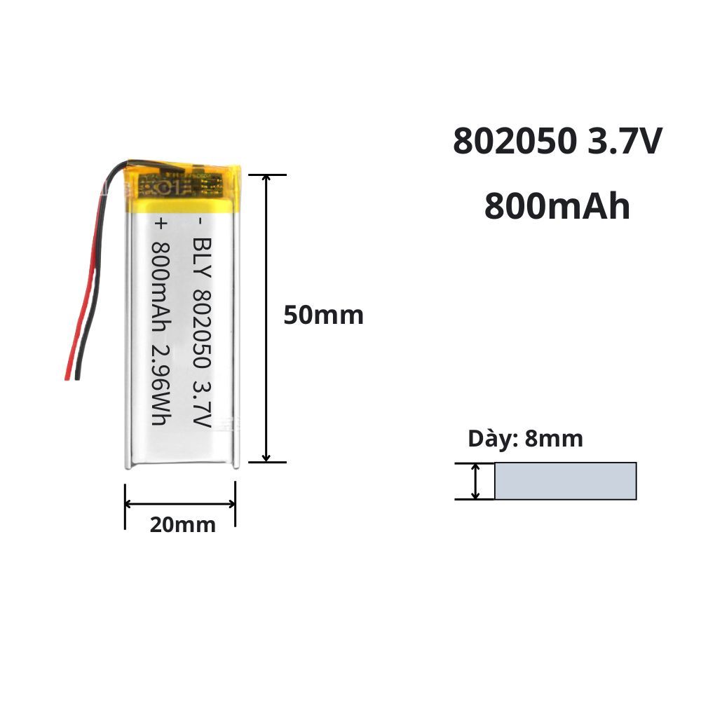 Pin sạc 3.7V 802050, 762050 800mAh cho tai nghe, Loa, thiết bị điện tử ...