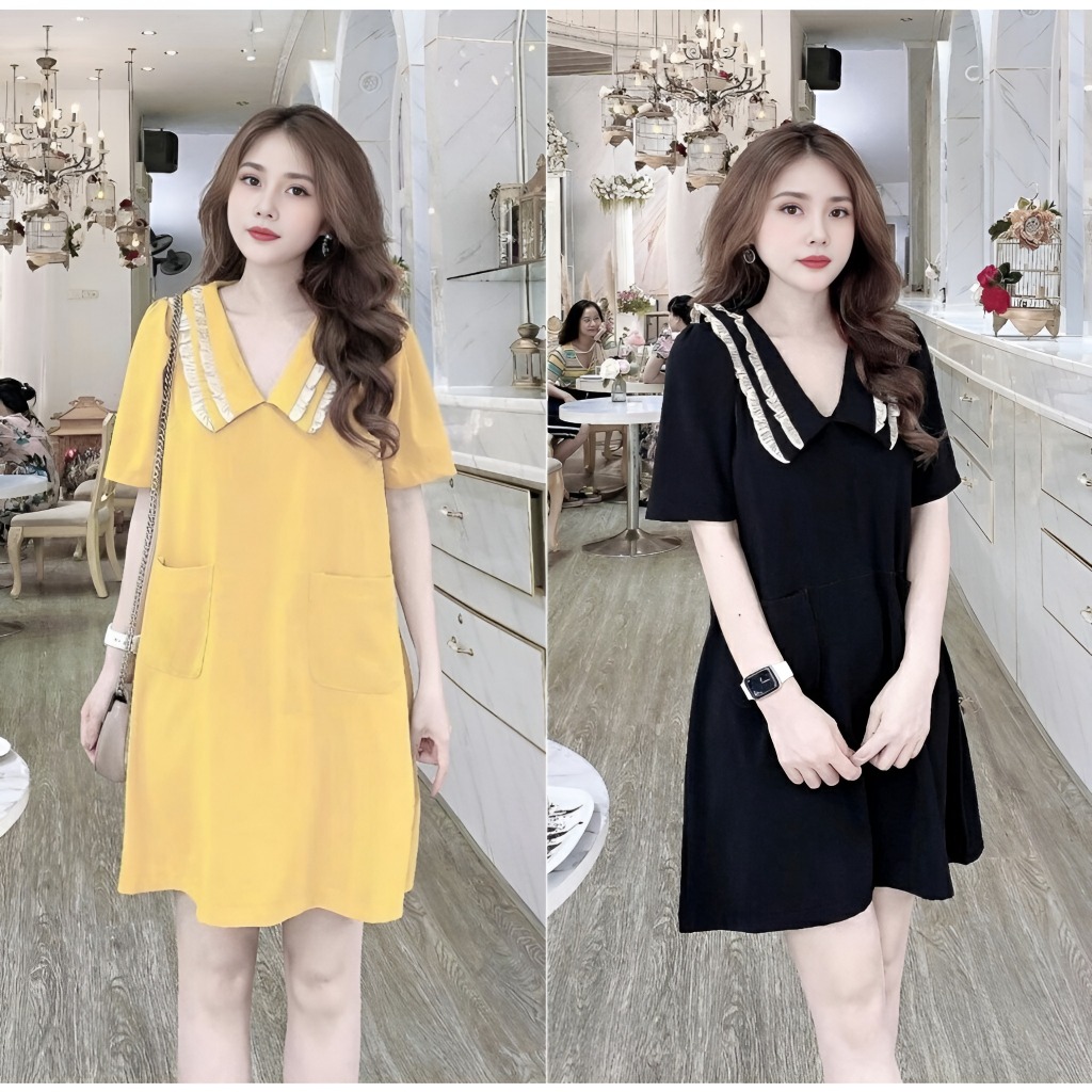 Đầm nữ babydoll cổ thủy thủ to phối bèo bigsize dễ thương Váy cổ tim suông dáng ngắn cộc tay form rộng vàng đen T1241G