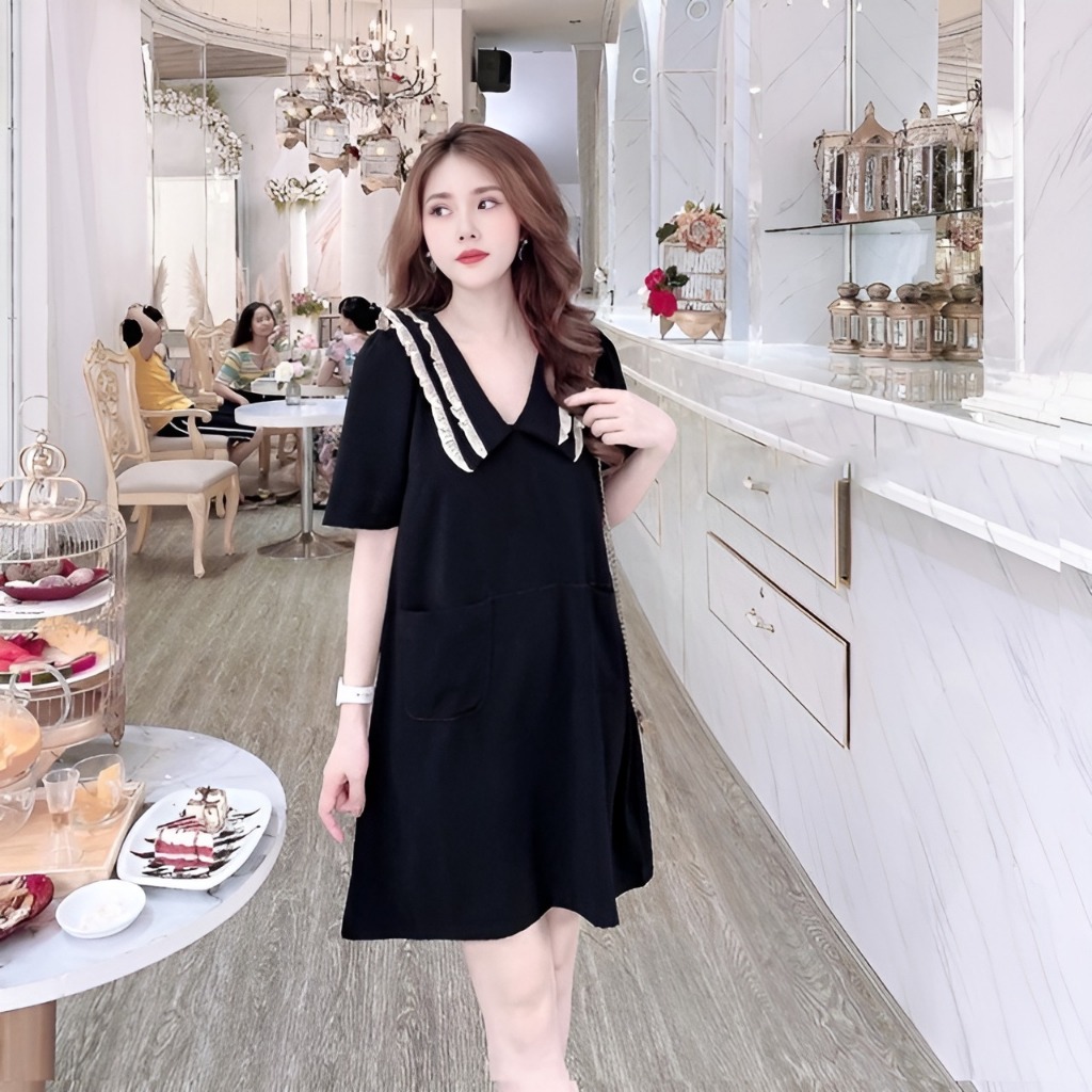 Đầm nữ babydoll cổ thủy thủ to phối bèo bigsize dễ thương Váy cổ tim suông dáng ngắn cộc tay form rộng vàng đen T1241G