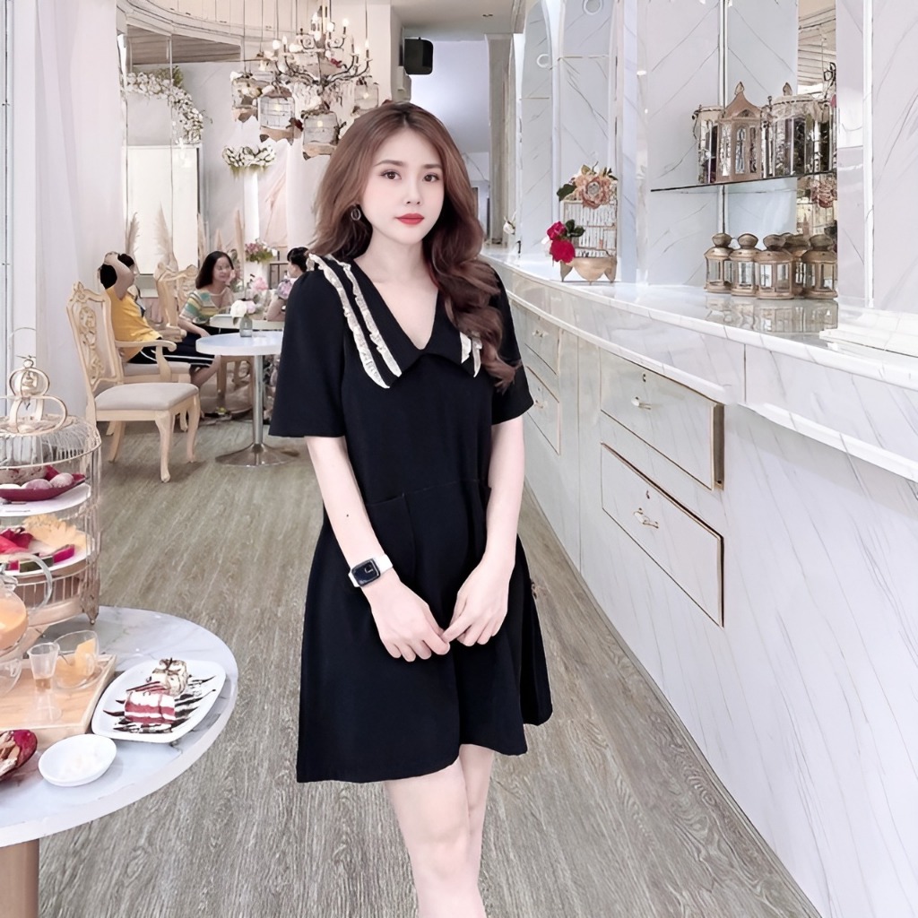 Đầm nữ babydoll cổ thủy thủ to phối bèo bigsize dễ thương Váy cổ tim suông dáng ngắn cộc tay form rộng vàng đen T1241G