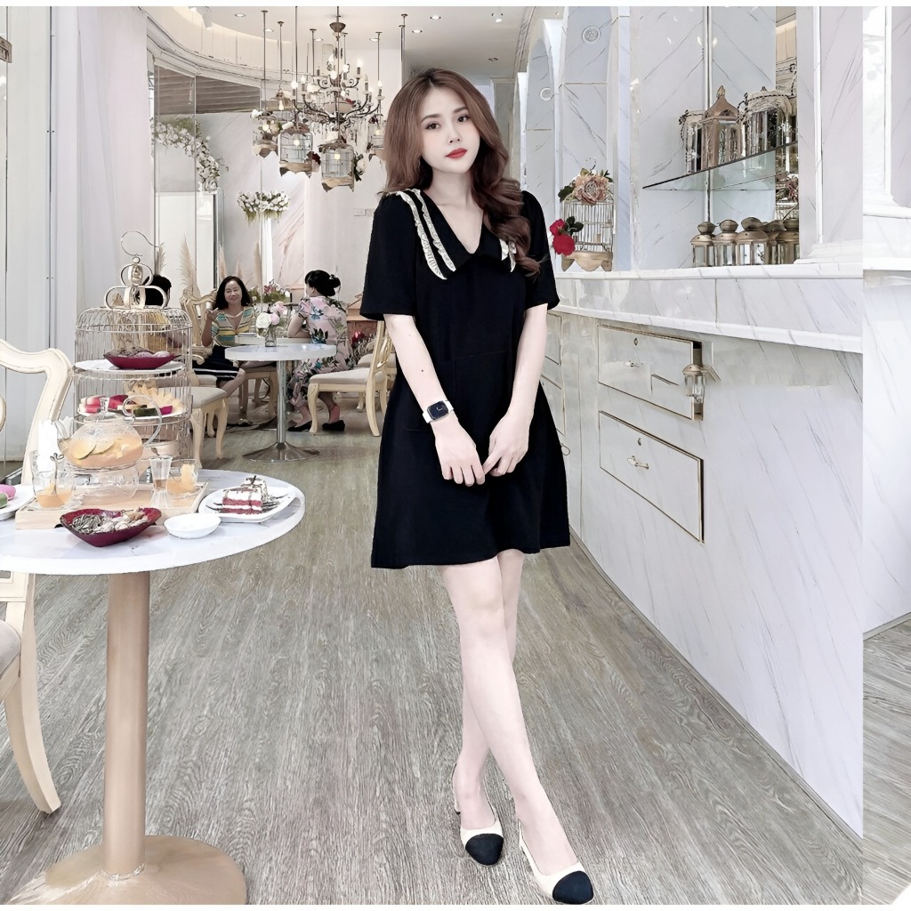 Đầm nữ babydoll cổ thủy thủ to phối bèo bigsize dễ thương Váy cổ tim suông dáng ngắn cộc tay form rộng vàng đen T1241G