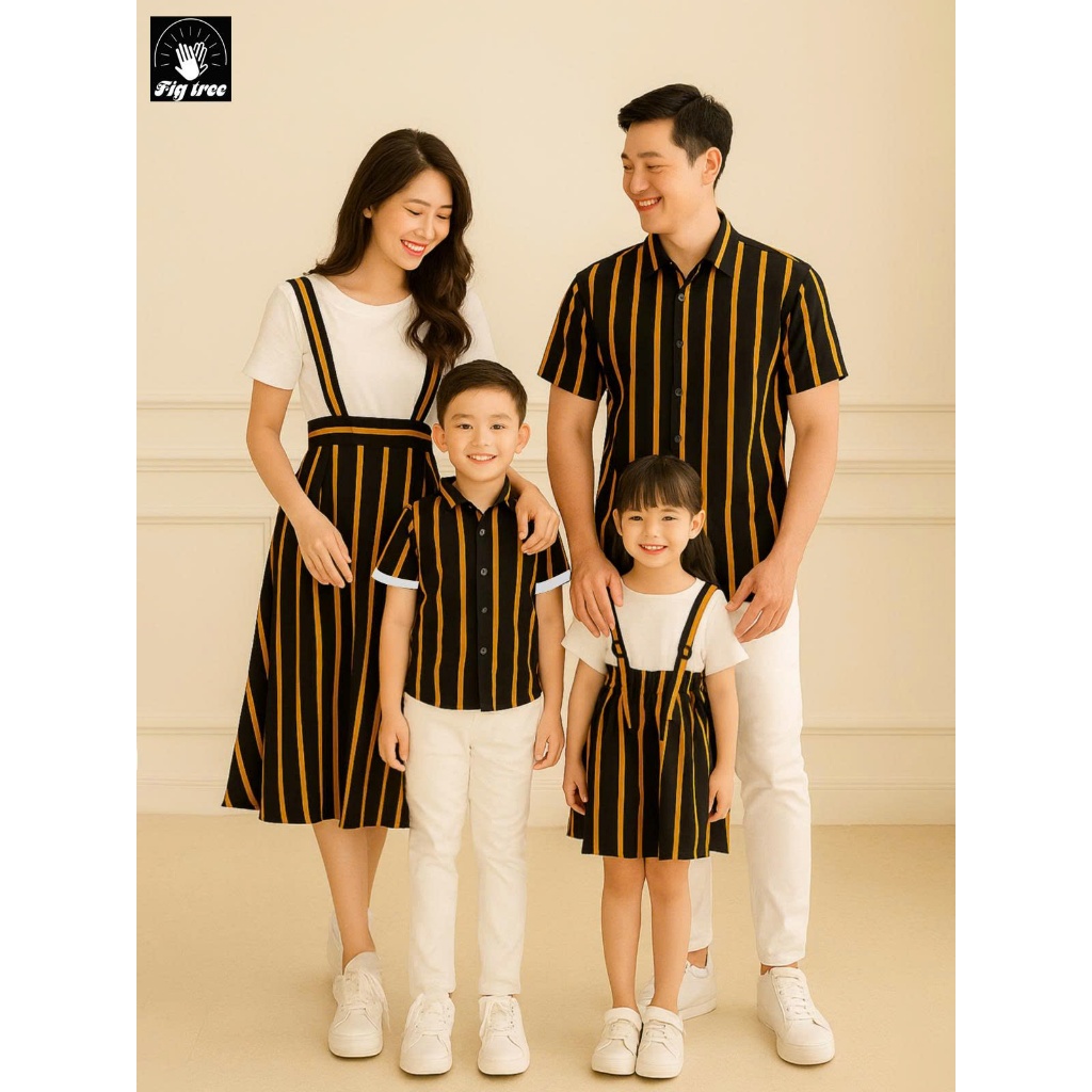 Combo Đồ Gia Đình Fig Tree Sọc Vàng Nền Đen, Set Gia Đình Đi Chơi, Đi Tiệc, Chụp Hình Siêu Xinh