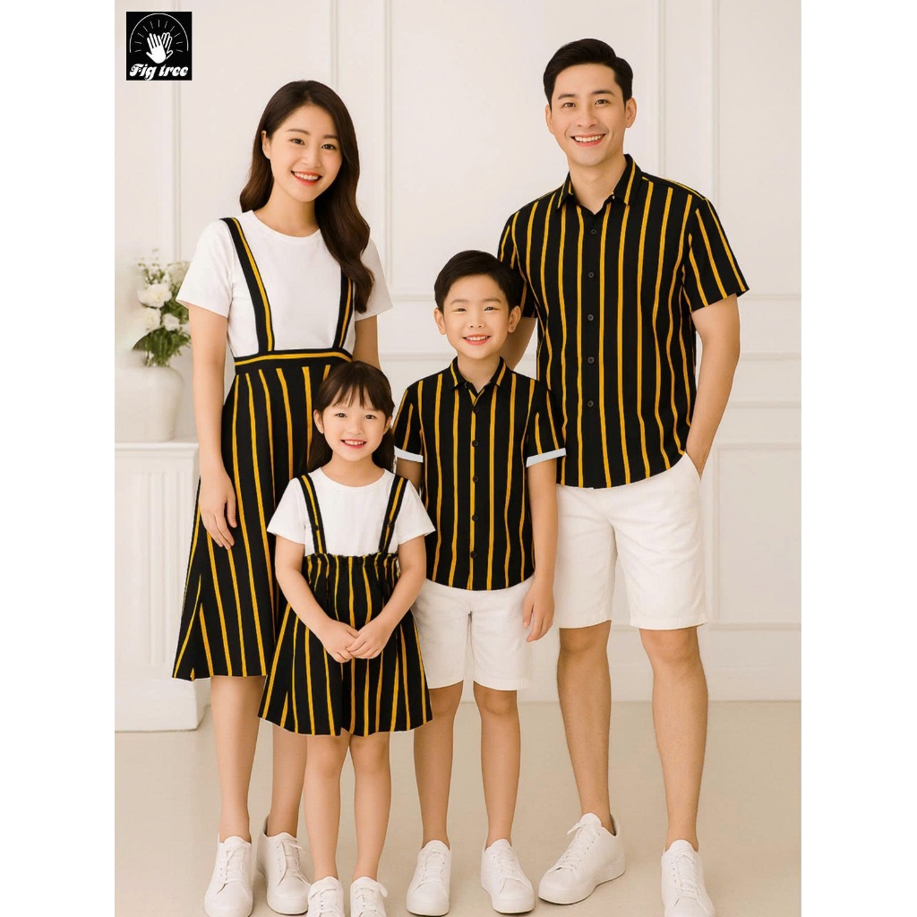 Combo Đồ Gia Đình Fig Tree Sọc Vàng Nền Đen, Set Gia Đình Đi Chơi, Đi Tiệc, Chụp Hình Siêu Xinh