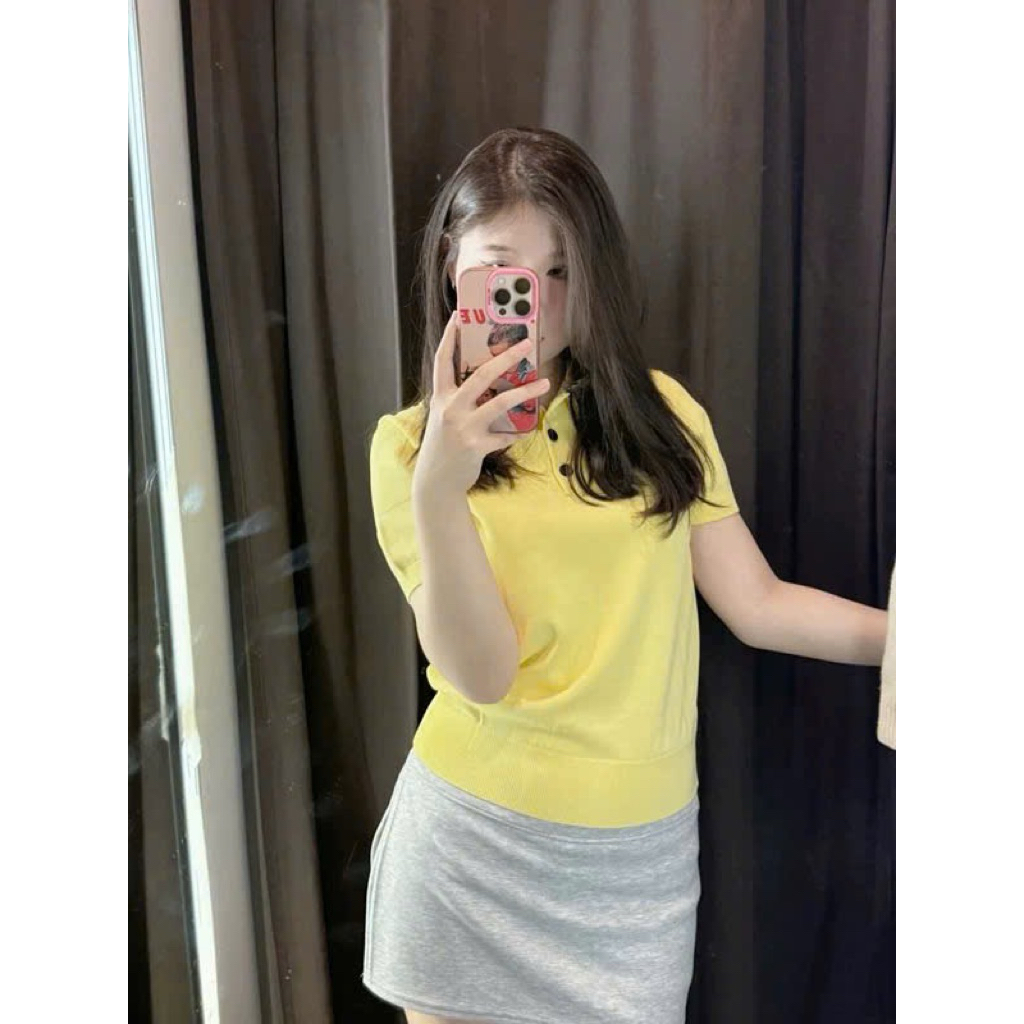 New 2026 Áo polo len dệt kim tay ngắn cổ bẻ màu vàng tươi trẻ trung, phối nút đen nổi bật Kèm Ảnh Thật