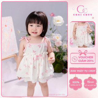 Set Áo Dây Thắt Nơ Và Quần Chất Thô Hàn ChoiChuu Mềm Mịn Thoáng Mát, Màu Trắng Kem Đáng Yêu