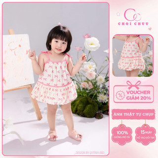 Đầm Hai Dây Cho Bé ChoiChuu Dáng Babydoll Thắt Nơ Vai, Họa Tiết Nơ Hồng Kèm Quần Chip Xinh Xắn