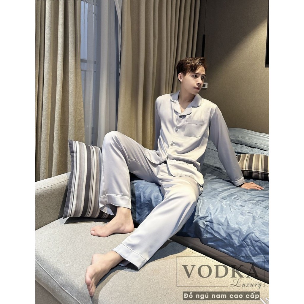 Đồ ngủ pyjama nam lụa trơn đen huyền bí mặc nhà nam giới sang