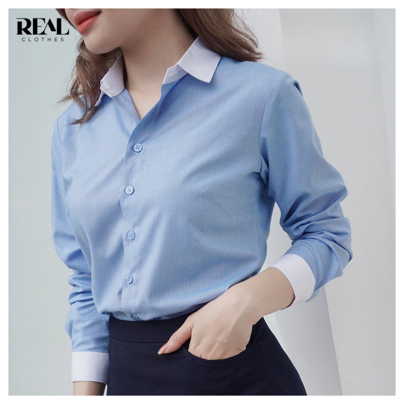 Sơ mi công sở dáng ôm phối cổ REAL CLOTHES (tổng hợp màu), vải cotton lụa mát, có nút dự phòng