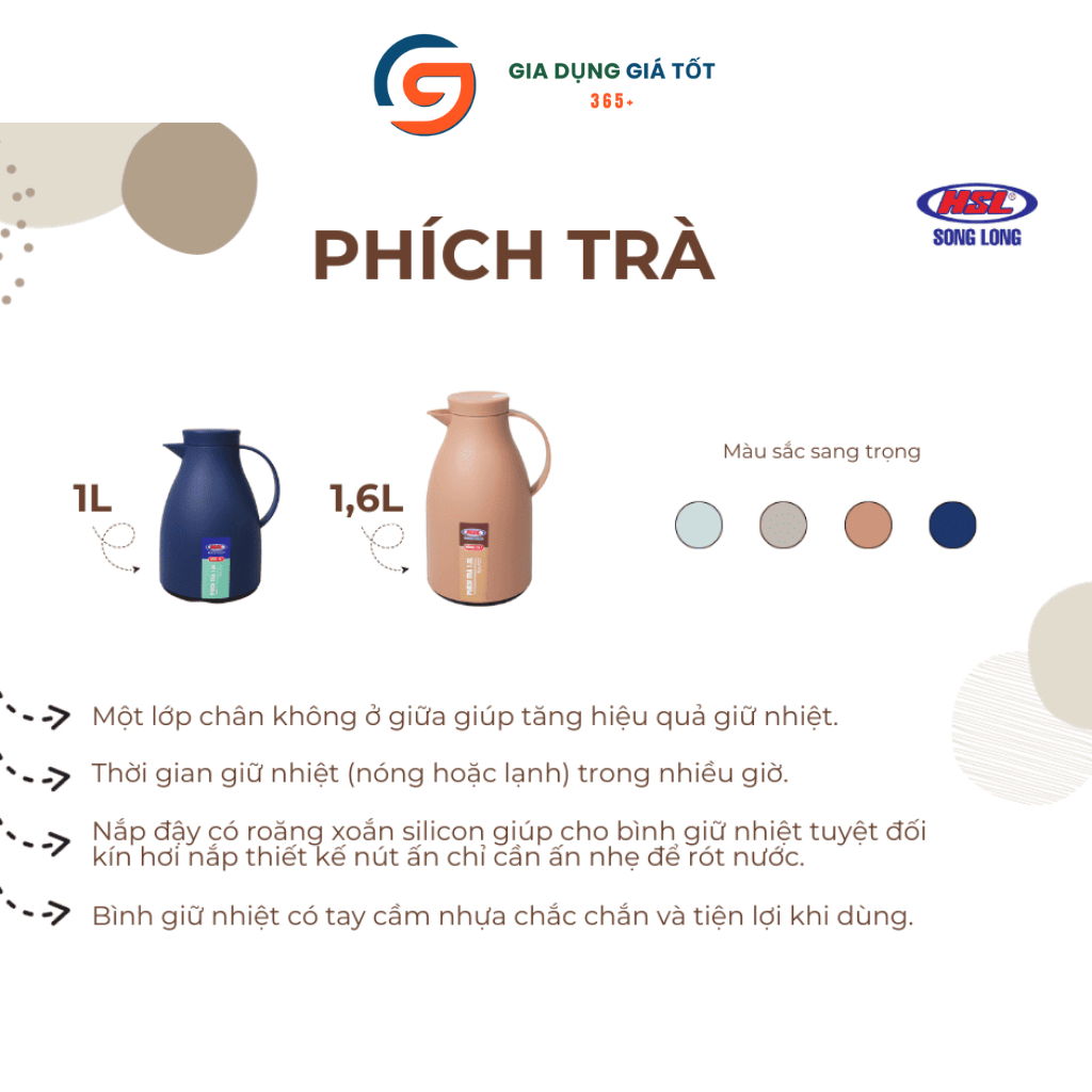 Phích ủ trà giữ nhiệt Song Long 1L 1.6L, phích trà nóng lạnh có quai, nhiều màu sắc đẹp