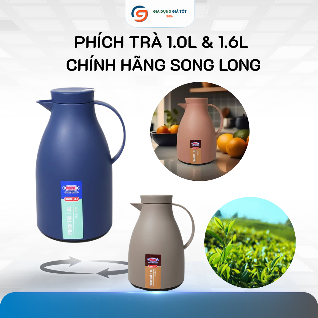 Phích ủ trà giữ nhiệt Song Long 1L 1.6L, phích trà nóng lạnh có quai, nhiều màu sắc đẹp