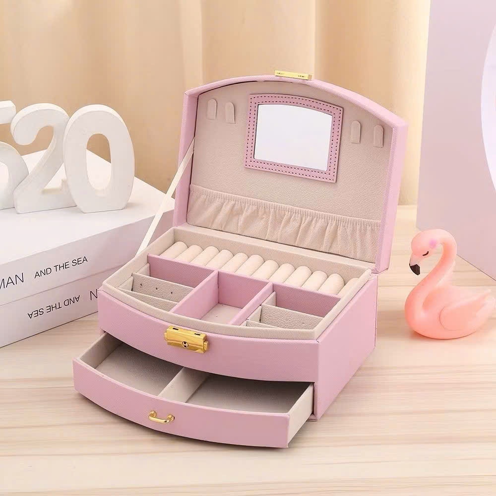 Hộp đựng trang sức 2 tầng bọc nhung cao cấp kèm gương