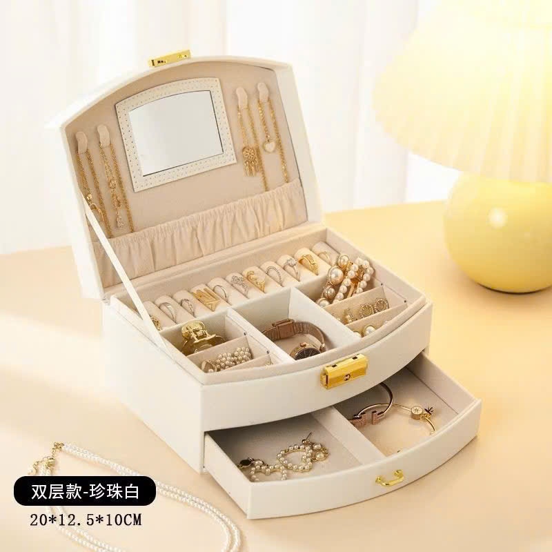 Hộp đựng trang sức 2 tầng bọc nhung cao cấp kèm gương