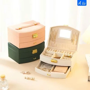 Hộp đựng trang sức 2 tầng bọc nhung cao cấp kèm gương