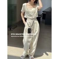 Set bộ linen áo croptop phối cúc bọc mix quần ống rộng A1289