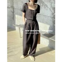 Set bộ linen áo croptop phối cúc bọc mix quần ống rộng A1289