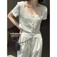 Set bộ linen áo croptop phối cúc bọc mix quần ống rộng A1289