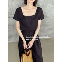 Set bộ linen áo croptop phối cúc bọc mix quần ống rộng A1289
