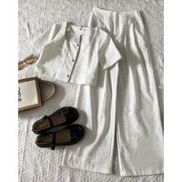Set bộ linen áo croptop phối cúc bọc mix quần ống rộng A1289