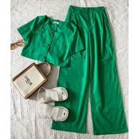 Set bộ linen áo croptop phối cúc bọc mix quần ống rộng A1289
