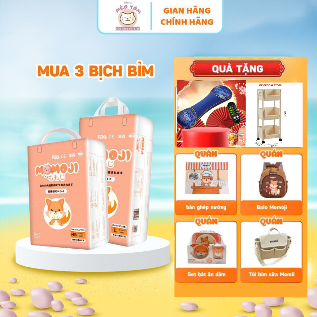 [Tặng quà] Combo 3 Bịch Tã/Bỉm Momoji siêu thấm hút NB64/S60/M56/L54/XL50/XXL48