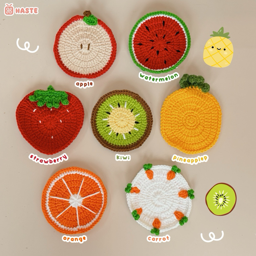 Lót Ly Len Trái Cây Nhiệt Đợi Fruit Dâu Táo Cam Kiwi Thơm Dưa Hấu Rau Củ Cà Rốt Tổng Hợp Dễ Thương Handmade Quà Tặng