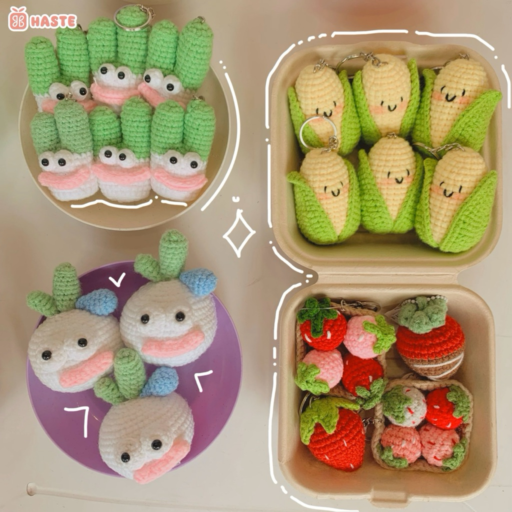 Móc Khoá Len Rau Củ Quả Trái Bắp Ngọt Vàng Ngô Corn Cà Tím Củ Hành Paro Ngôi Sao Handmade Dễ Thương