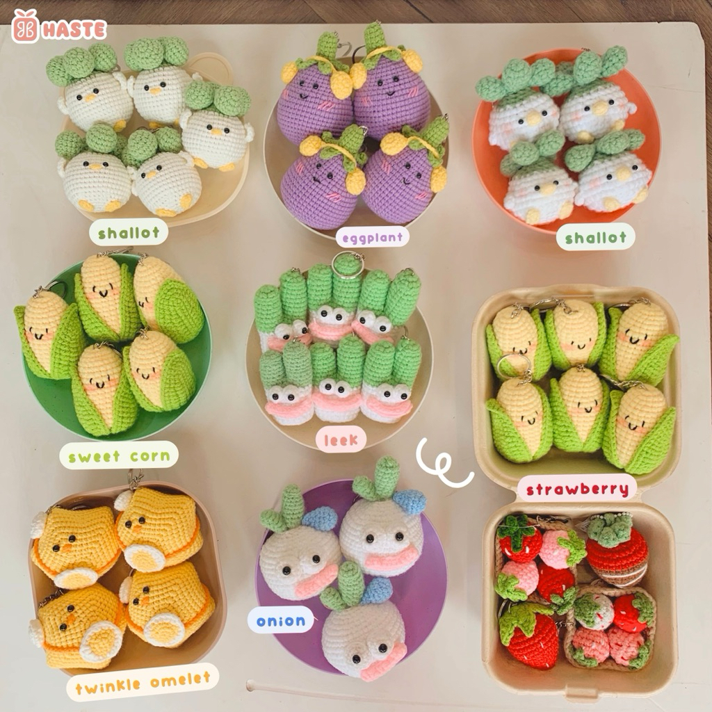 Móc Khoá Len Rau Củ Quả Trái Bắp Ngọt Vàng Ngô Corn Cà Tím Củ Hành Paro Ngôi Sao Handmade Dễ Thương
