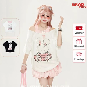 Áo thun nữ hở vai GRADPOPU tay lỡ form rộng in hình thỏ hoạt hình phong cách dễ thương mới AN184