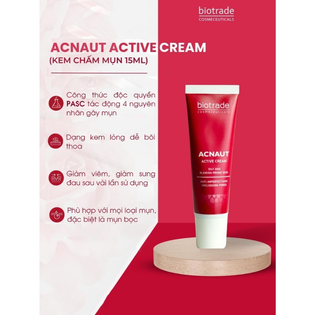 Kem Chấm Mụn Biotrade Acnaut Active Cream 15ml cho da mụn sưng - bọc - chưa lên nhân ngừa thâm mụn