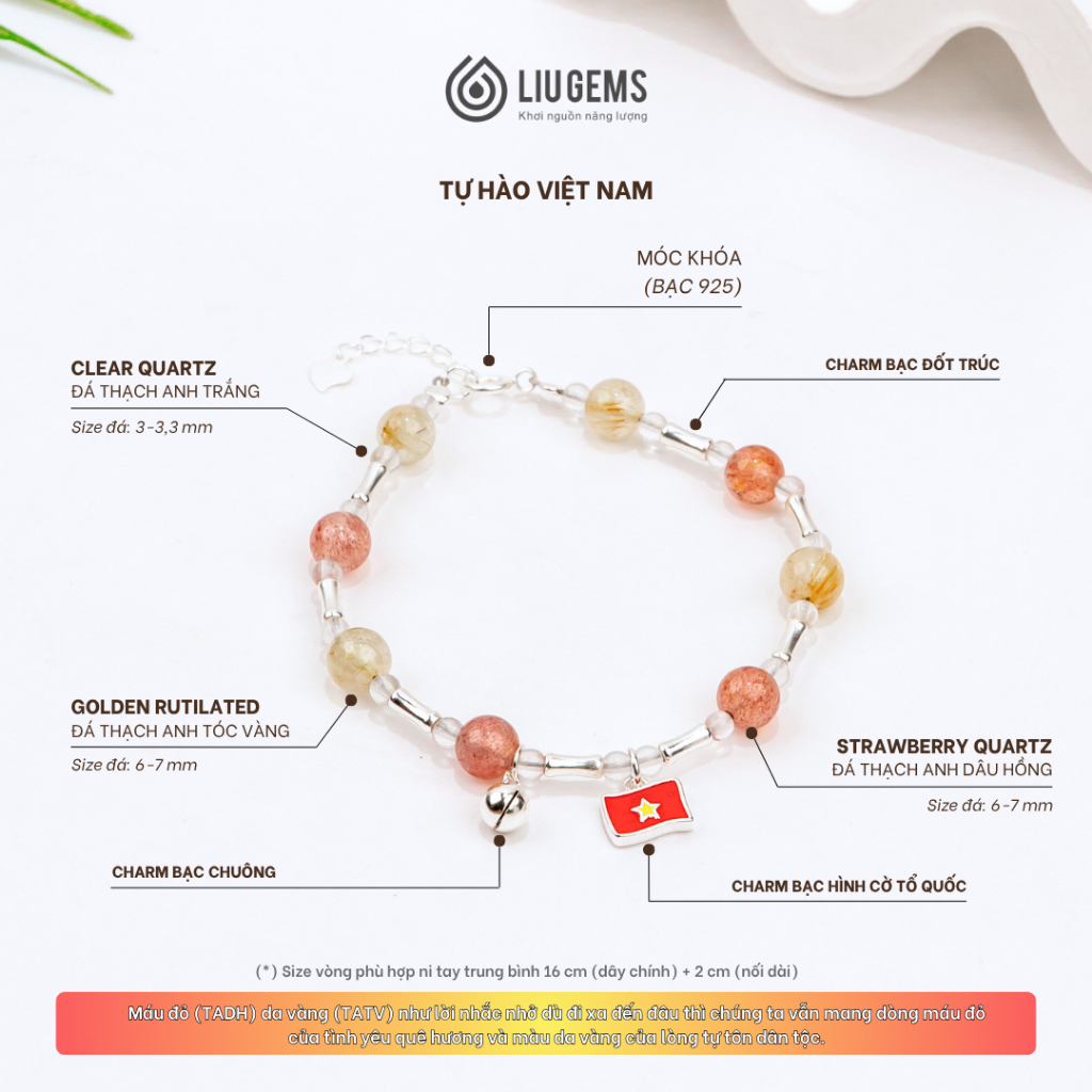 Vòng Tay Charm Lá Cờ Liugems Mix Đá Năng Lượng Và Charm  (Ag 925) Tự Hào Việt Nam VTDTr02