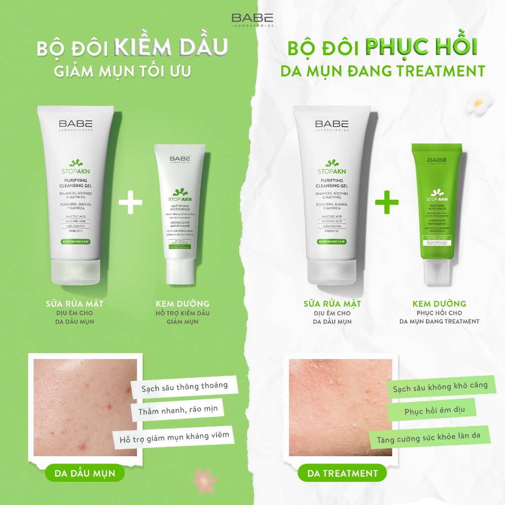 Bộ đôi làm sạch và dưỡng ẩm, giảm mụn, giảm nhờn BABE Stop AKN Purifying Cleansing Gel + Mattifying Moisturiser 50ml