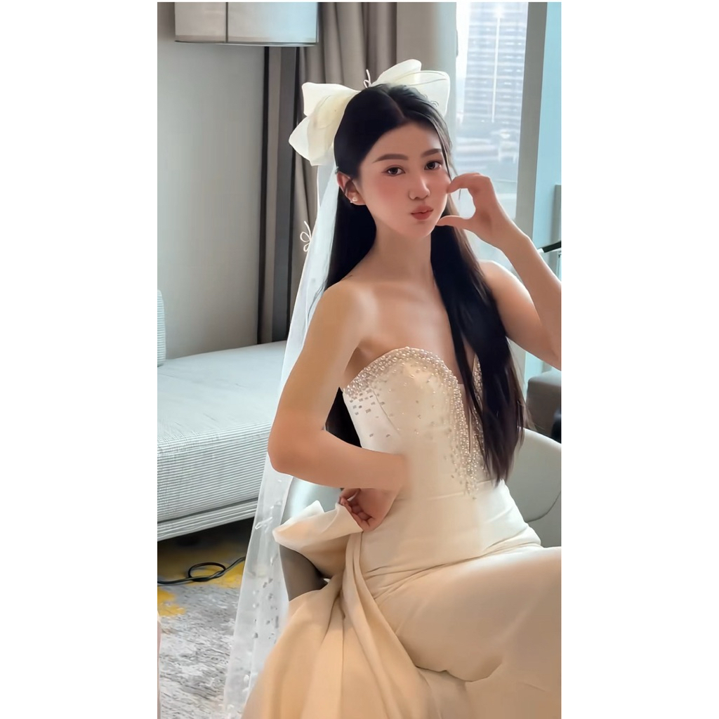 🍒🍒🍒Voan cô dâu đính nơ xinh và dây tua rua(CÓ NHẬN LÀM KÍCH THƯỚC THEO YÊU CẦU)- chiều dài 1m5 |PHUKIENCUOIYENLINH