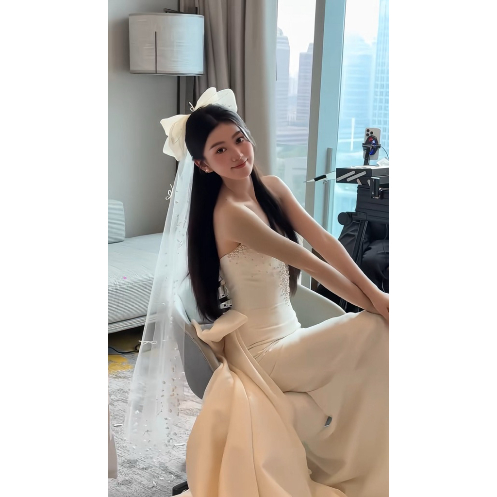 🍒🍒🍒Voan cô dâu đính nơ xinh và dây tua rua(CÓ NHẬN LÀM KÍCH THƯỚC THEO YÊU CẦU)- chiều dài 1m5 |PHUKIENCUOIYENLINH