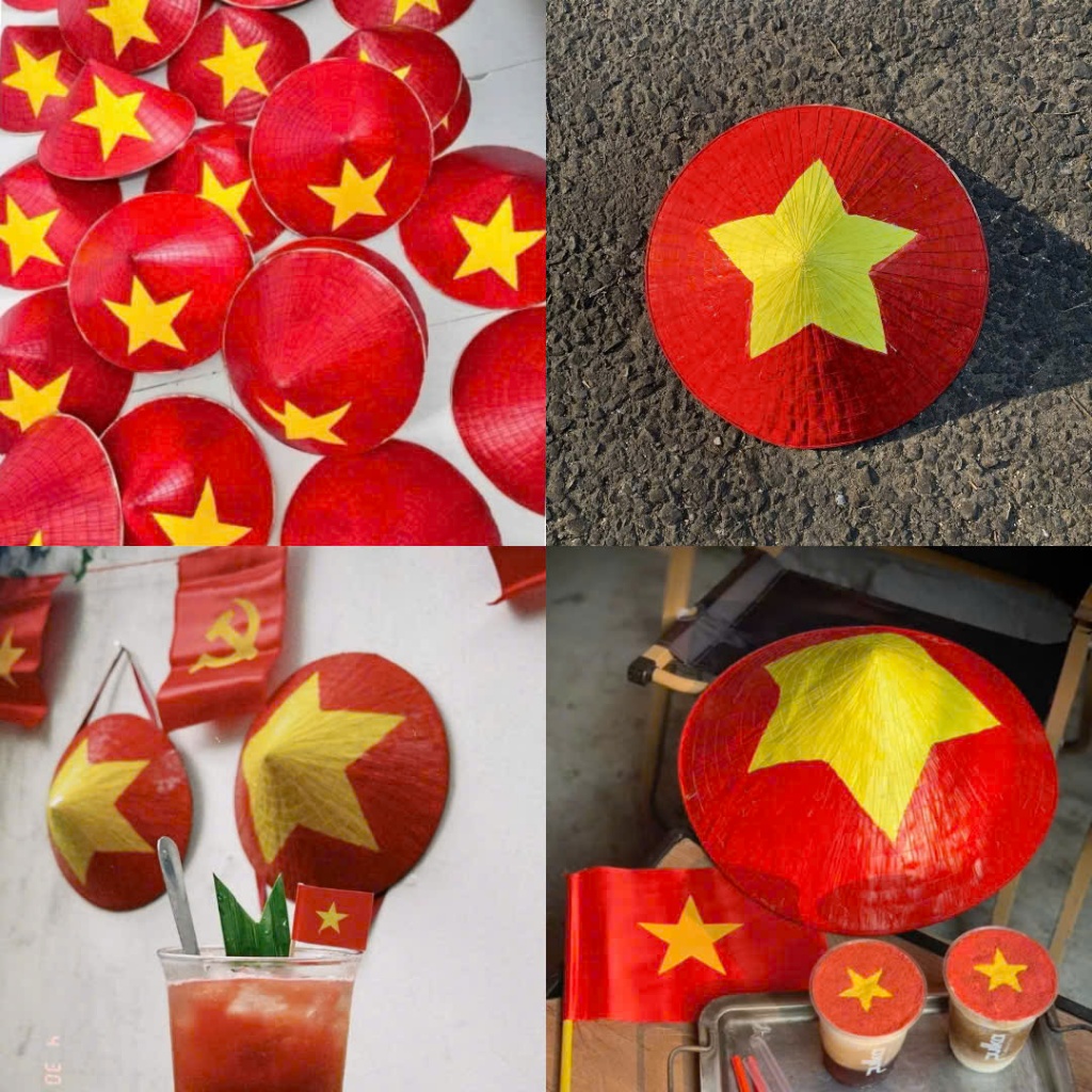Combo 10 Nón lá cờ đỏ sao vàng- Nón vẽ cờ tổ quốc - Kèm quai size cho bé và người lớn