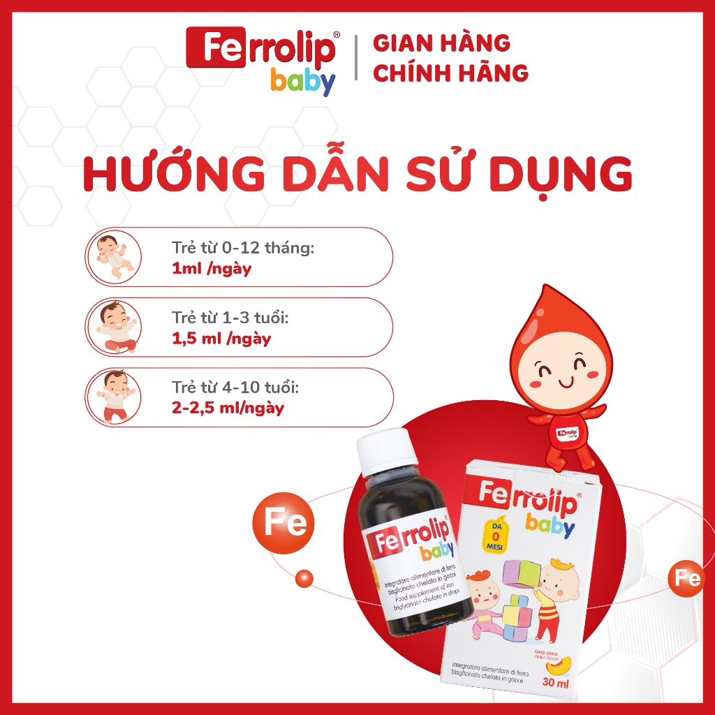 Sắt Ferrolip Baby Dạng Siro Vị Đào Thơm Ngon Dễ Uống,Dùng Cho Trẻ Từ 0 Tháng Tuổi chai 30ml + quà