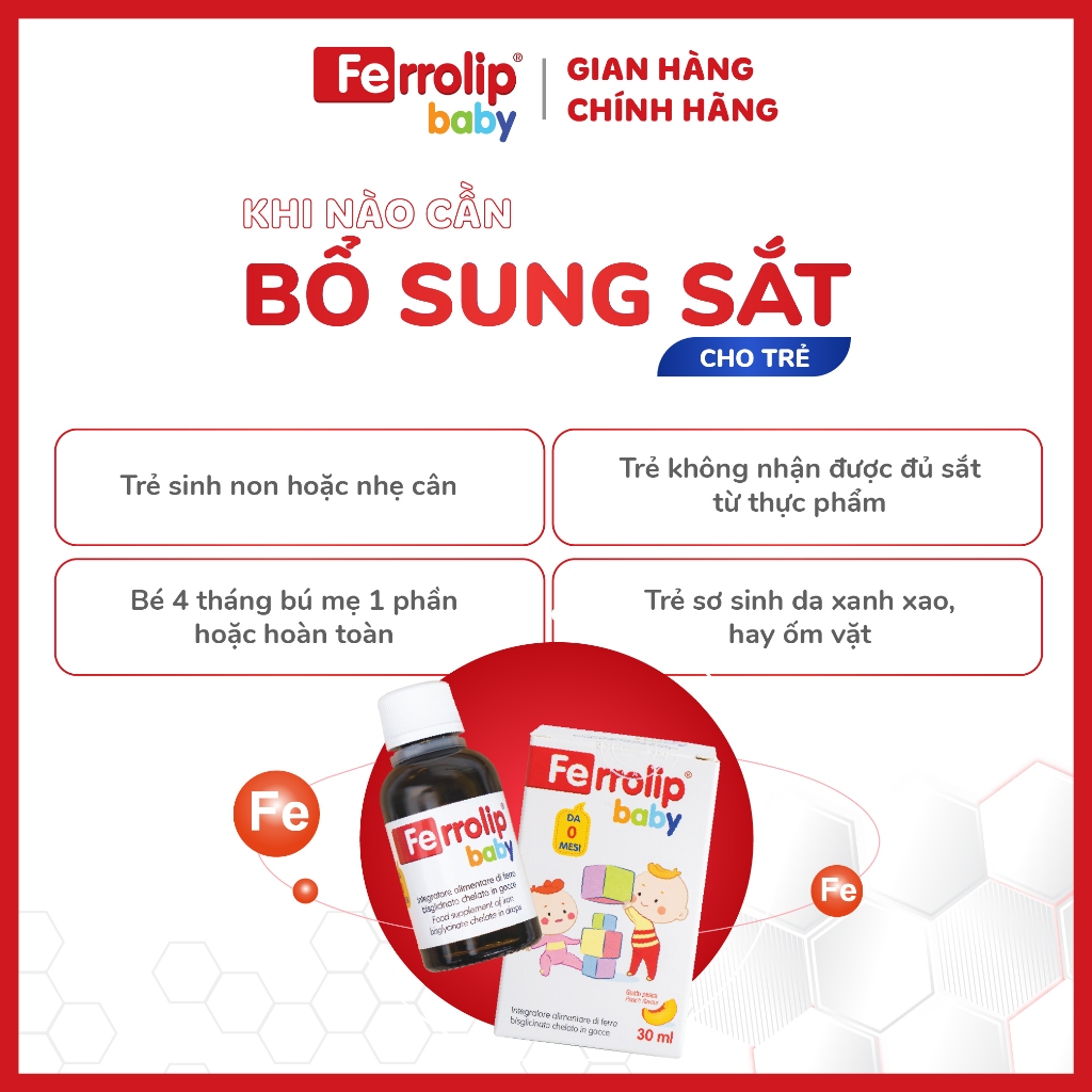 Sắt Ferrolip Baby Dạng Siro Vị Đào Thơm Ngon Dễ Uống,Dùng Cho Trẻ Từ 0 Tháng Tuổi chai 30ml + quà