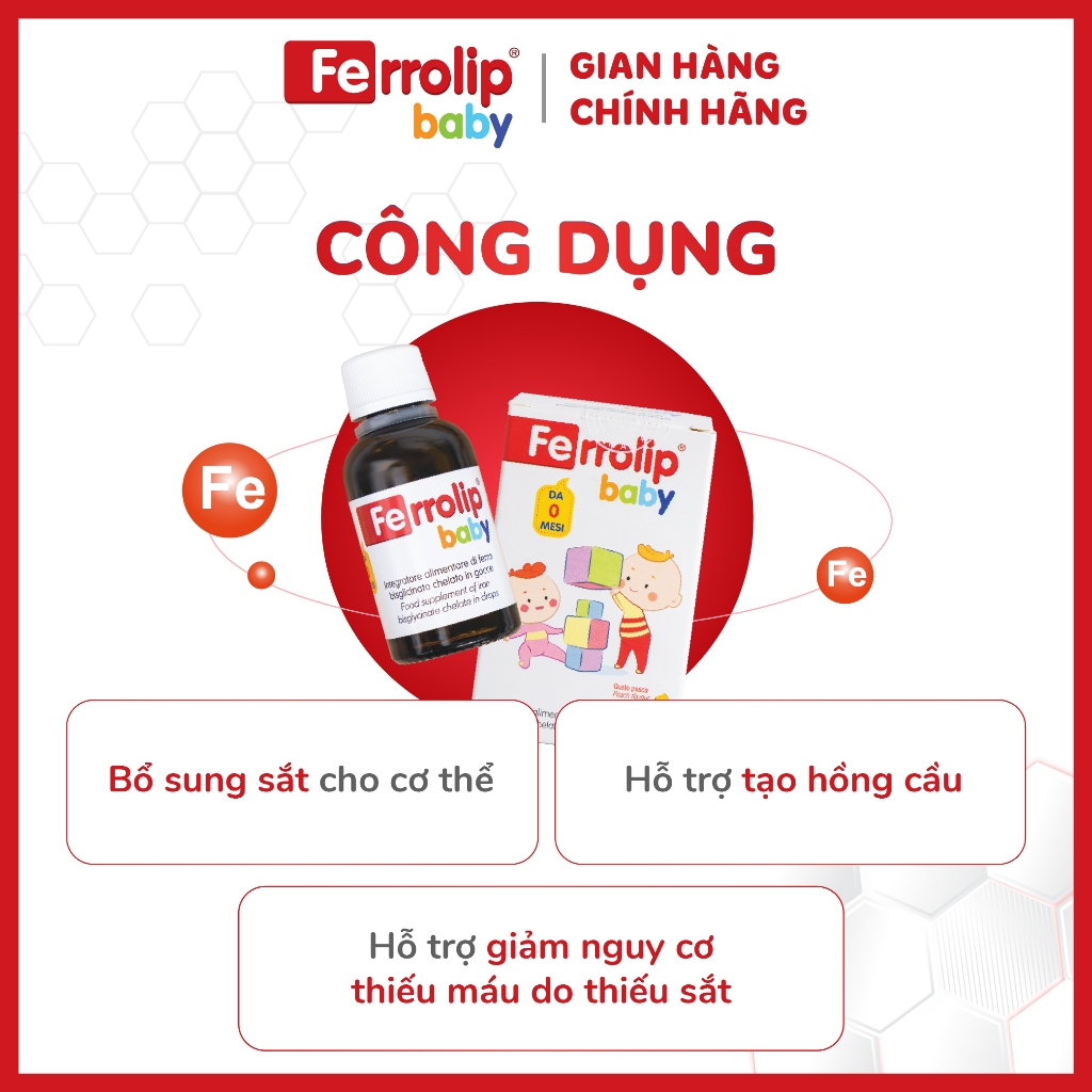Sắt Ferrolip Baby Dạng Siro Vị Đào Thơm Ngon Dễ Uống,Dùng Cho Trẻ Từ 0 Tháng Tuổi chai 30ml + quà
