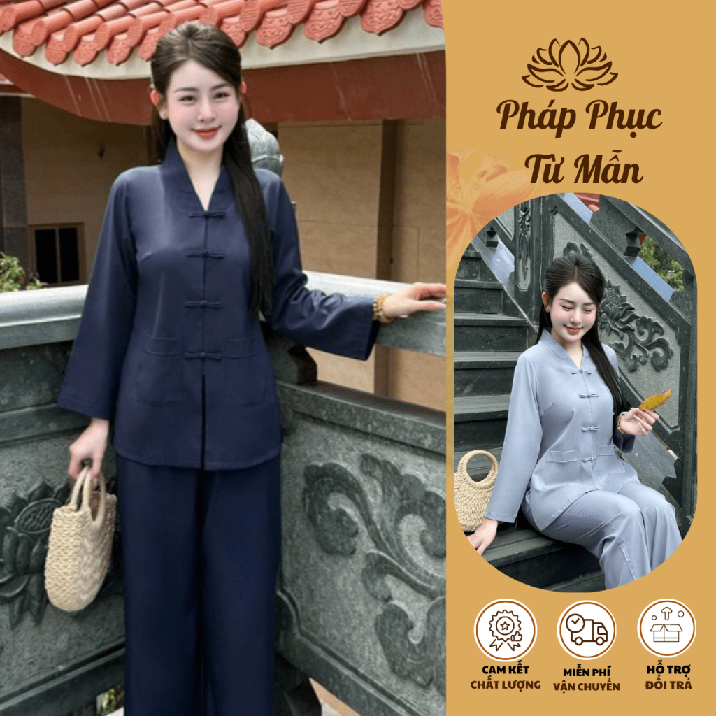 Pháp phục la hán cổ V lụa nhuyễn Đồ lam đi chùa dài tay phối khuy tết Bộ đồ đi lễ truyền thống lụa mềm Thanh lịch