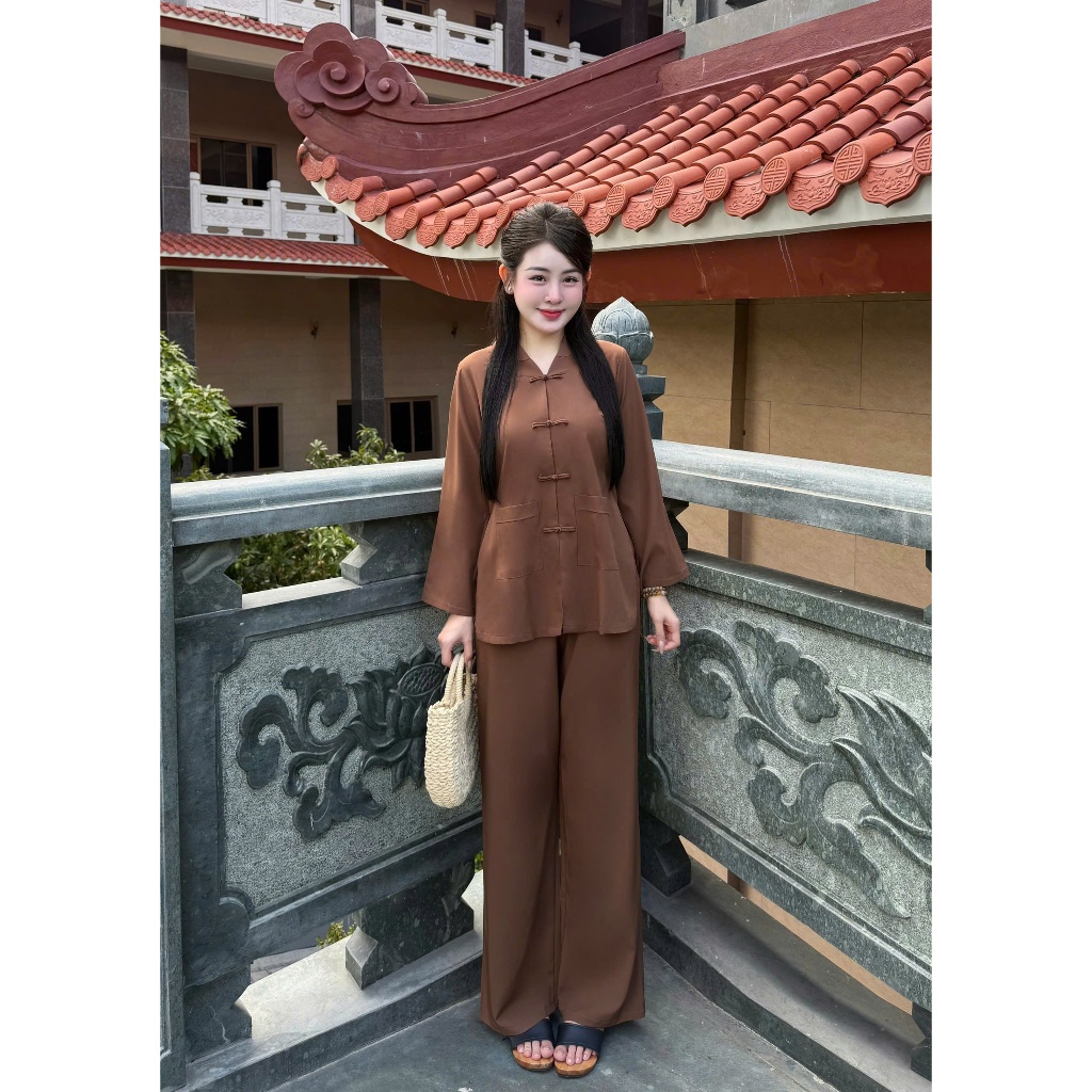 Pháp phục la hán cổ V lụa nhuyễn Đồ lam đi chùa dài tay phối khuy tết Bộ đồ đi lễ truyền thống lụa mềm Thanh lịch