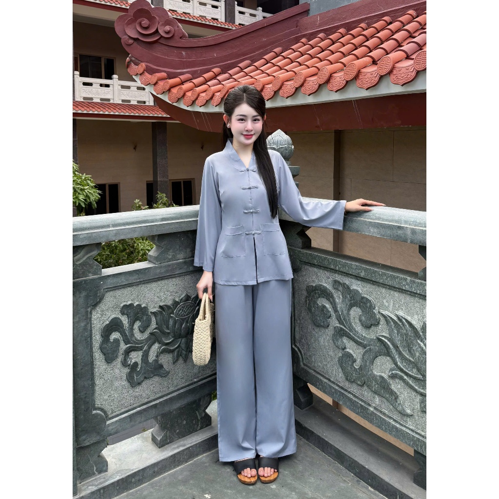 Pháp phục la hán cổ V lụa nhuyễn Đồ lam đi chùa dài tay phối khuy tết Bộ đồ đi lễ truyền thống lụa mềm Thanh lịch