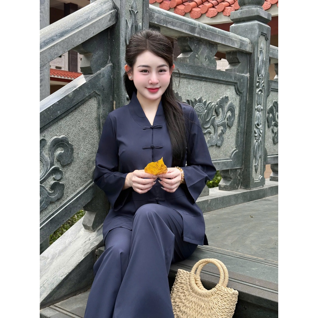 Pháp phục la hán cổ V lụa nhuyễn Đồ lam đi chùa dài tay phối khuy tết Bộ đồ đi lễ truyền thống lụa mềm Thanh lịch
