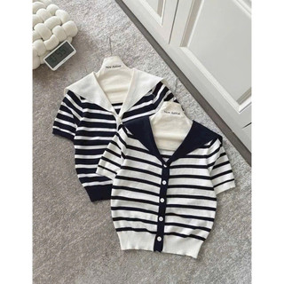 LT - Áo len nữ mongtoghi kẻ ngang cổ v giả khăn quàng cộc tay free size 1180